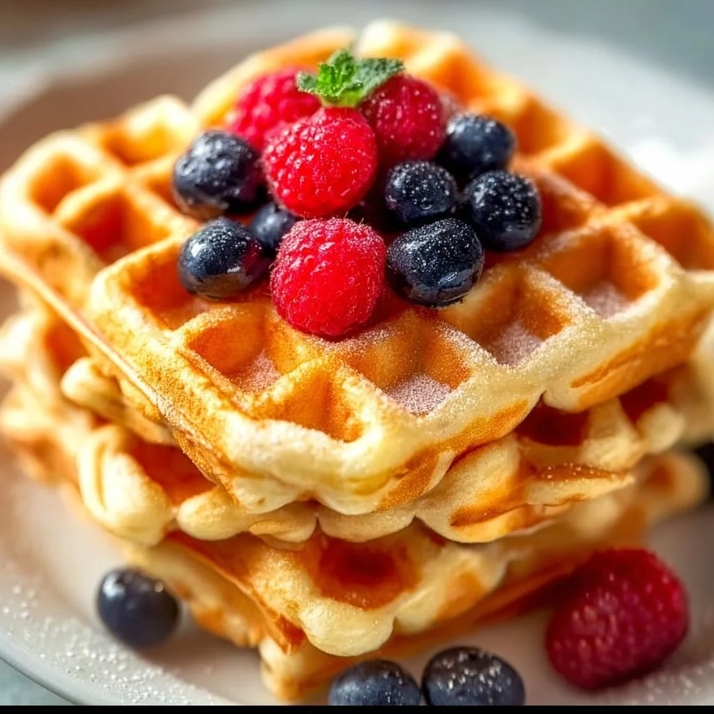 Delicious buttermilk waffles served with syrup and fresh berries