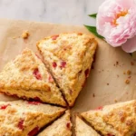 Freshly baked buttery strawberry scones on a cooling rack