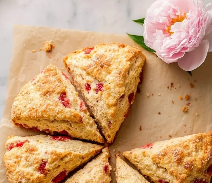 Freshly baked buttery strawberry scones on a cooling rack