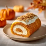 Delicious carrot cake roll with cream cheese frosting and walnuts