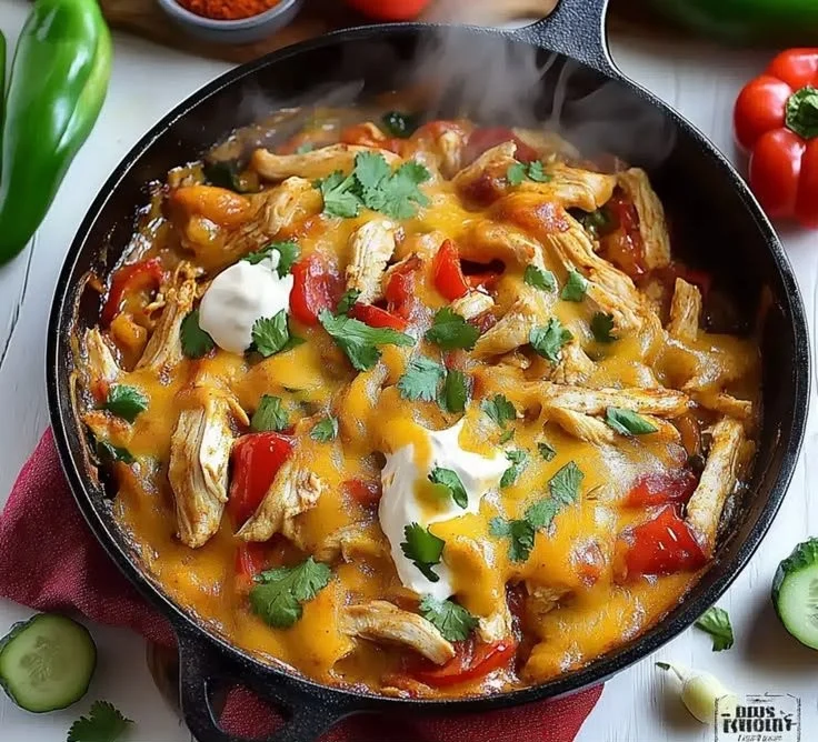 Cheesy chicken fajita casserole topped with melted cheese and colorful peppers