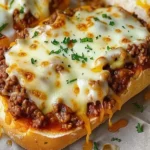 Cheesy garlic bread sloppy joes served on a plate