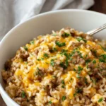 Cheesy Ground Beef and Rice Casserole in a baking dish