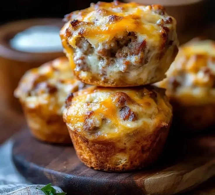 Cheesy sausage breakfast muffins on a wooden table ready to be served.