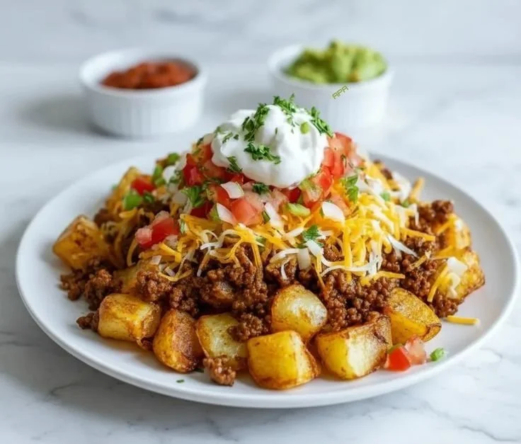 Cheesy taco potatoes topped with melted cheese and fresh toppings