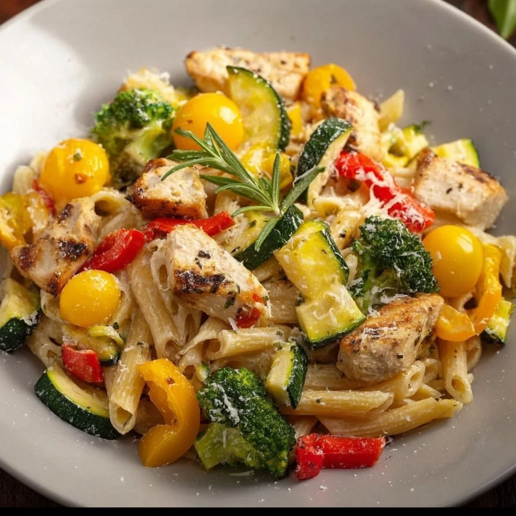 Chicken Pasta Primavera with fresh vegetables and herbs in a creamy sauce