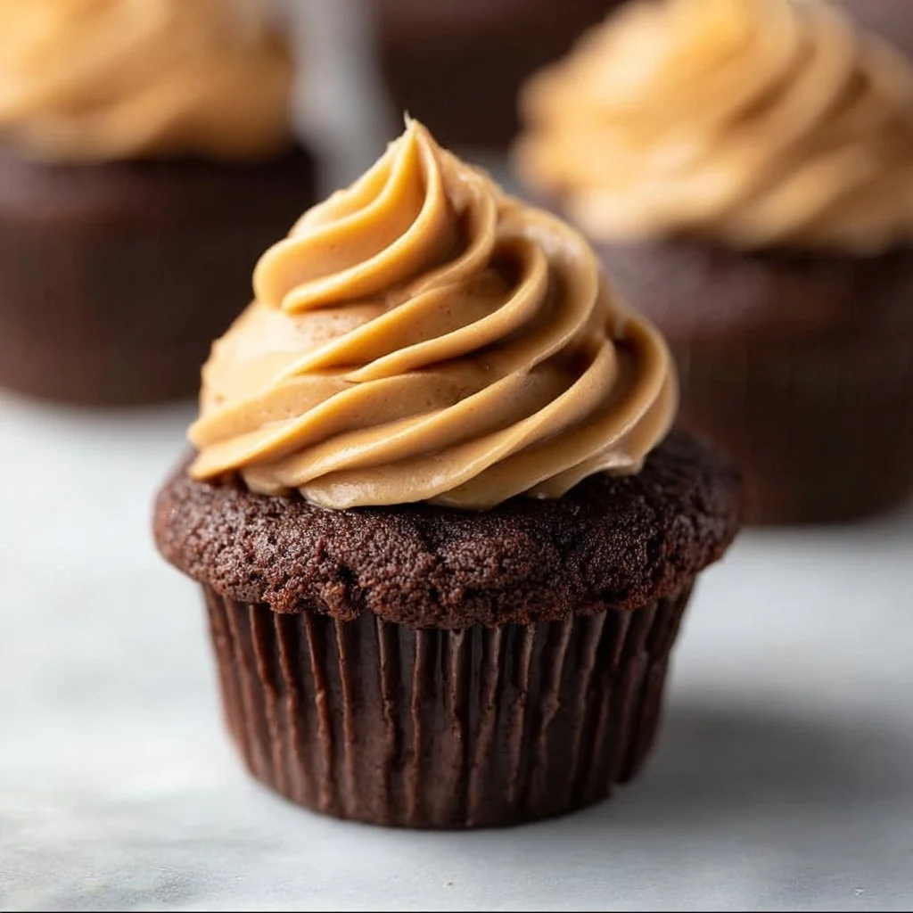 Chocolate Peanut Butter Cupcakes 2 Delicious chocolate peanut butter cupcakes topped with creamy frosting