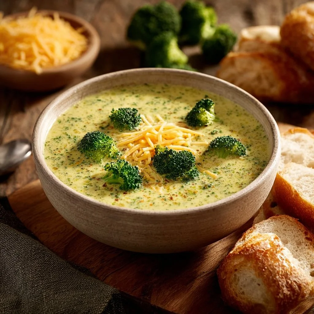 Bowl of classic broccoli cheddar soup with cheese and broccoli chunks