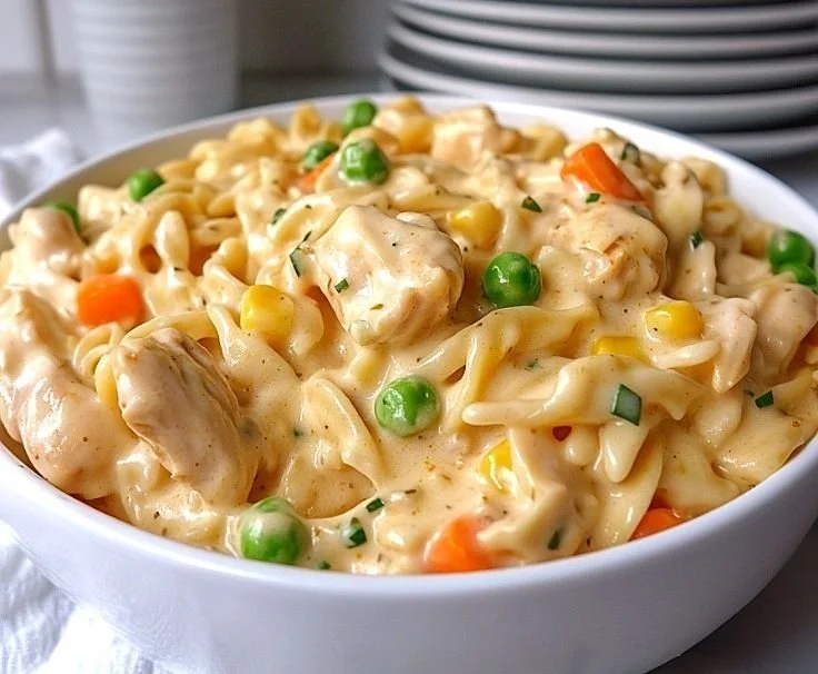 Classic Chicken Pot Pie Pasta 3 A delicious serving of classic chicken pot pie pasta in a creamy sauce