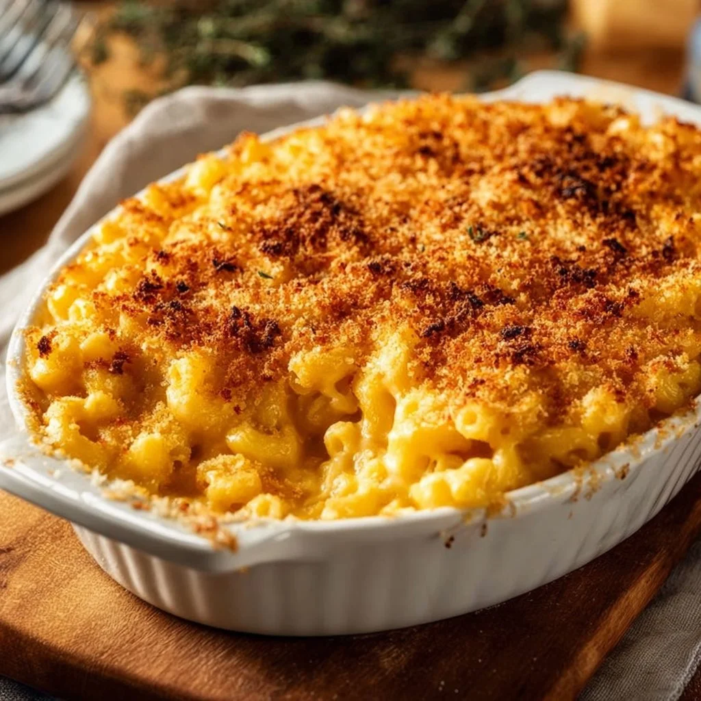 Delicious Classic Mac and Cheese served in a bowl, topped with golden breadcrumbs.