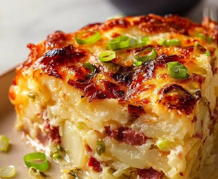 Delicious Corned Beef Colcannon Casserole topped with creamy mashed potatoes.