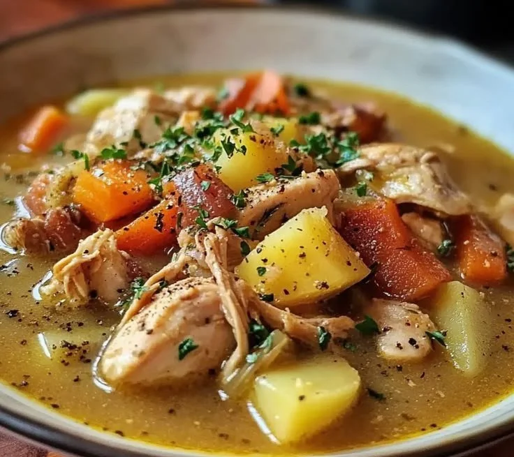 Cozy slow cooker chicken stew with vegetables in a bowl