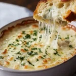 Creamy garlic bread dip served with crispy bread slices for dipping