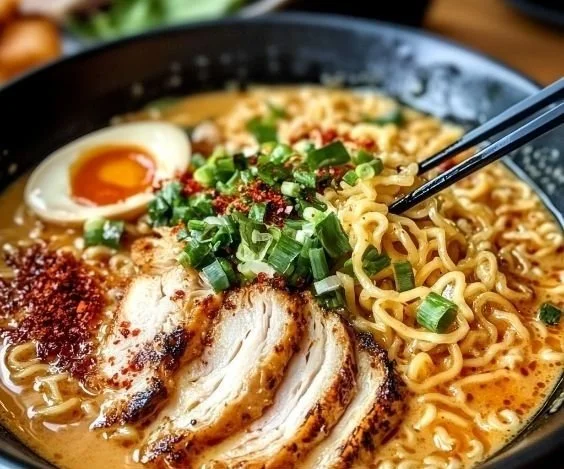 A bowl of creamy garlic chicken ramen topped with herbs and spices.