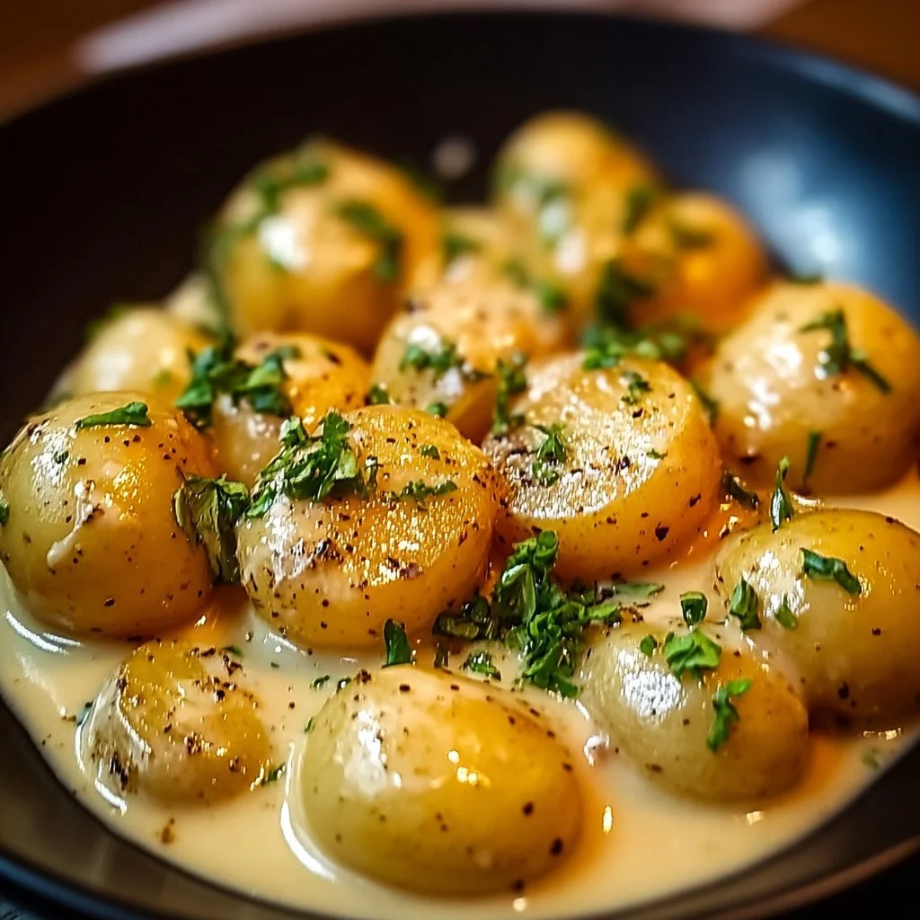 Creamy garlic sauce baby potatoes garnished and ready to serve.