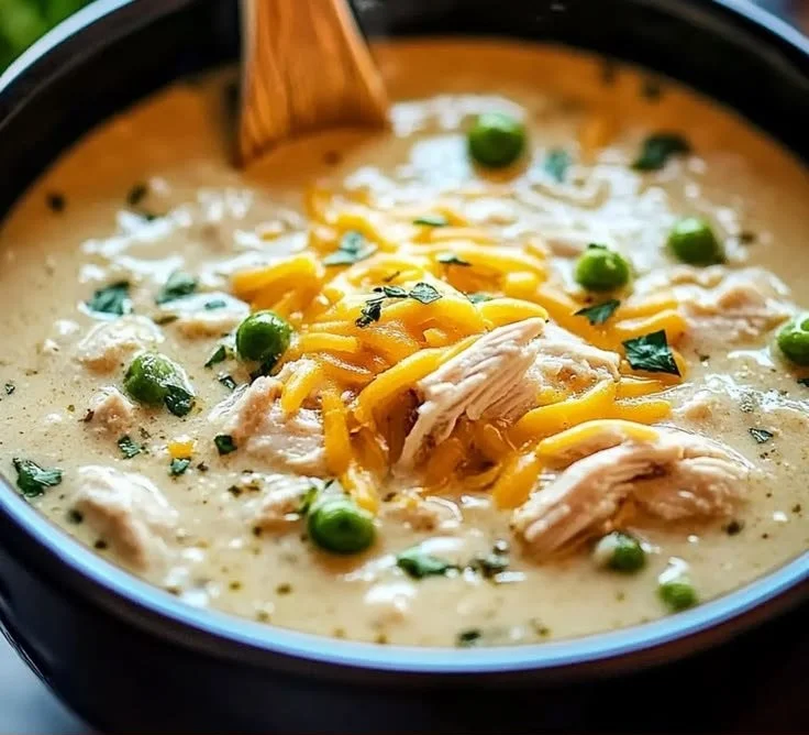 Creamy keto white chicken chili with garnishes in a bowl