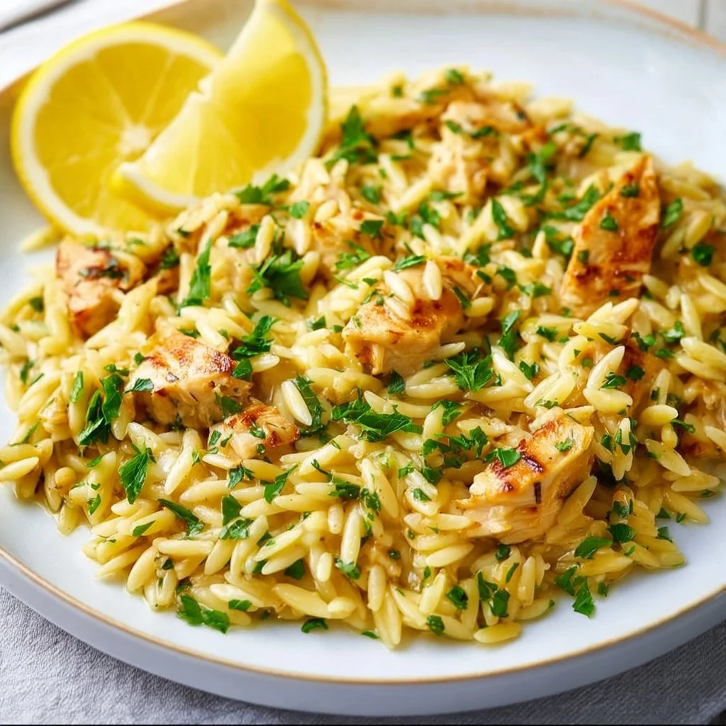 Creamy lemon chicken orzo dish garnished with fresh herbs