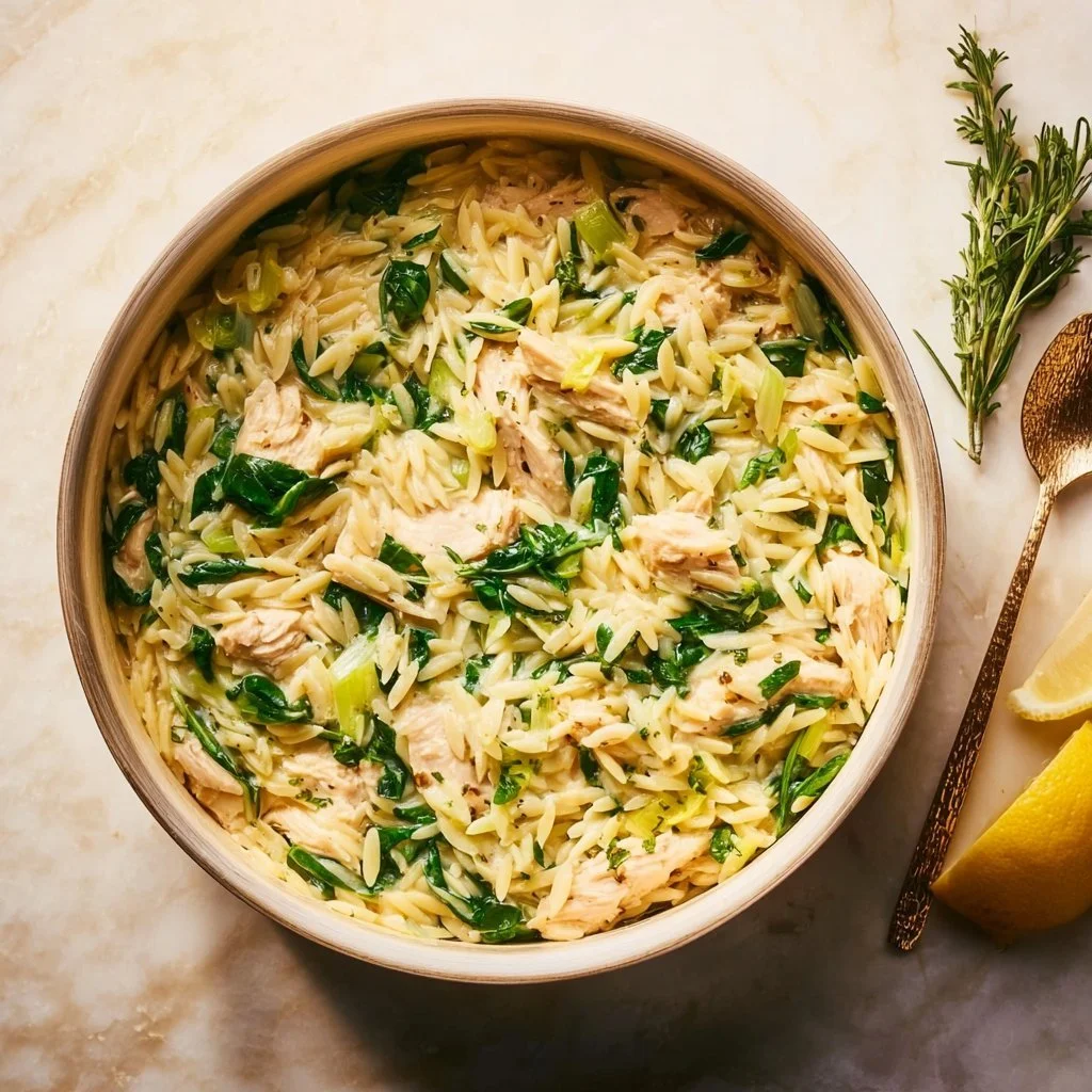 Creamy Lemon Chicken Orzo served in a bowl with herbs