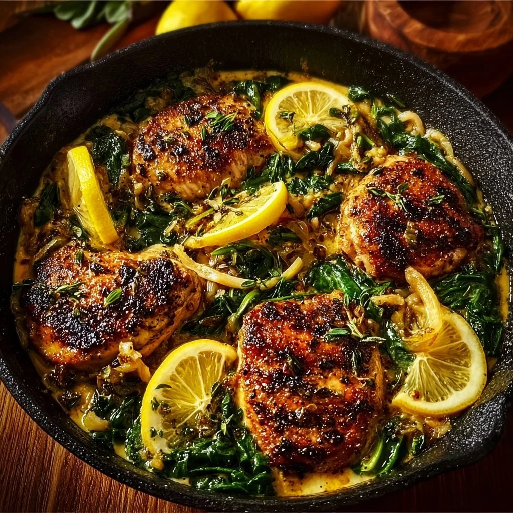 Creamy lemon chicken served with orzo and fresh greens