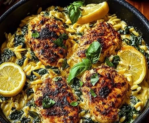 Creamy Lemon Chicken with Orzo Greens