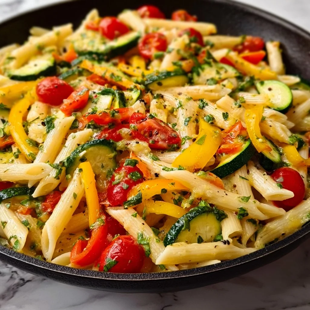Creamy Pasta Primavera with fresh vegetables in a rich sauce