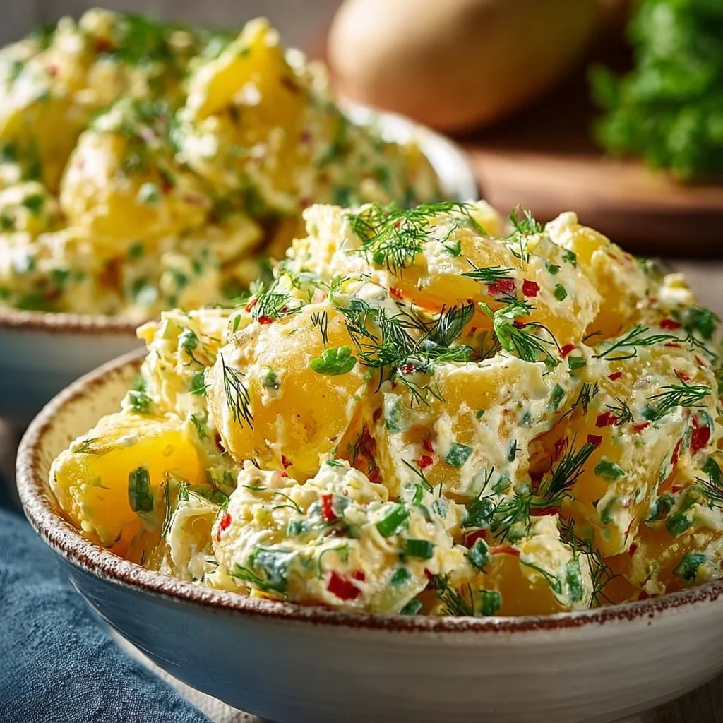 Bowl of creamy Southern style potato salad garnished with herbs