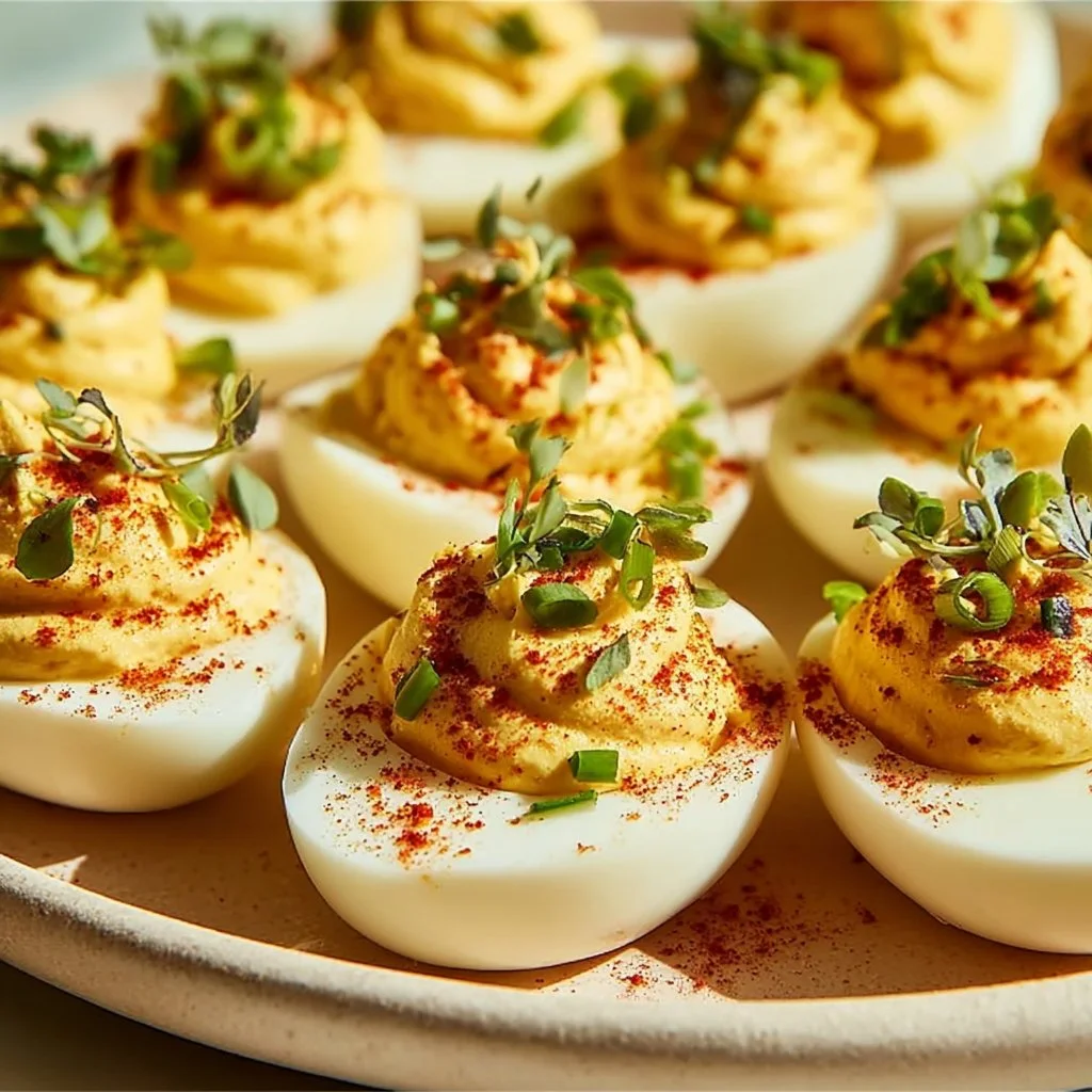 Plate of delicious deviled eggs garnished with paprika and herbs