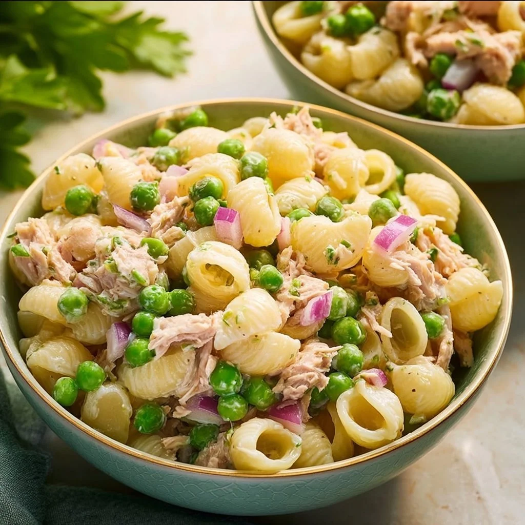 A bowl of Dill Tuna Pasta Salad featuring pasta, tuna, and fresh dill.