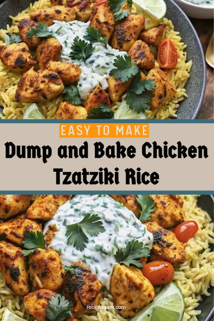 Baked Chicken Tzatziki Rice dish garnished with fresh herbs and served in a bowl.