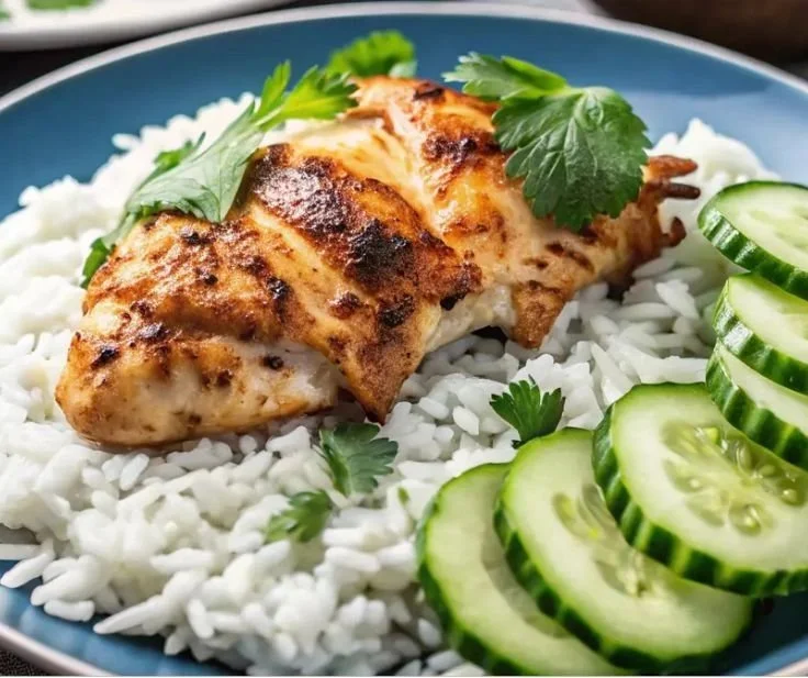 Dump and Bake Chicken Tzatziki served with rice, a quick and delicious meal.