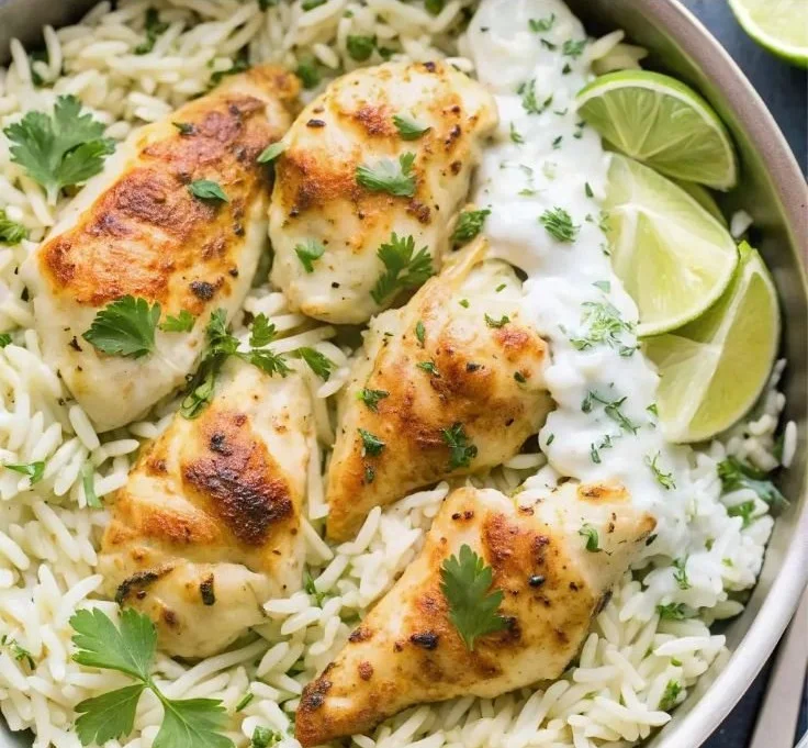 Dump and Bake Chicken Tzatziki with Rice