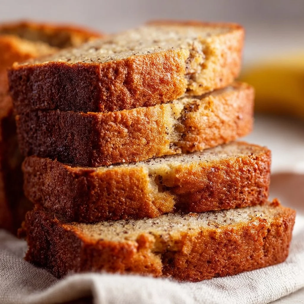 Loaf of freshly baked easy banana bread on a wooden cutting board