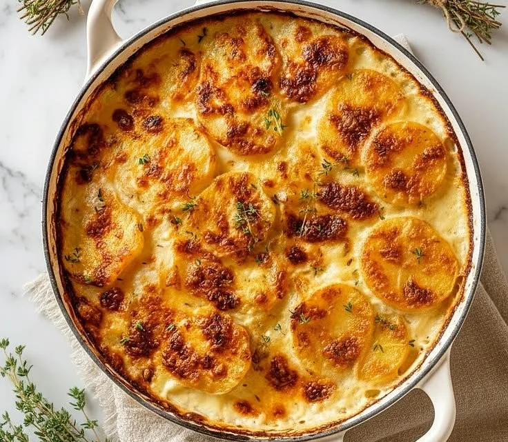 Delicious easy cast iron skillet scalloped potatoes served in a skillet