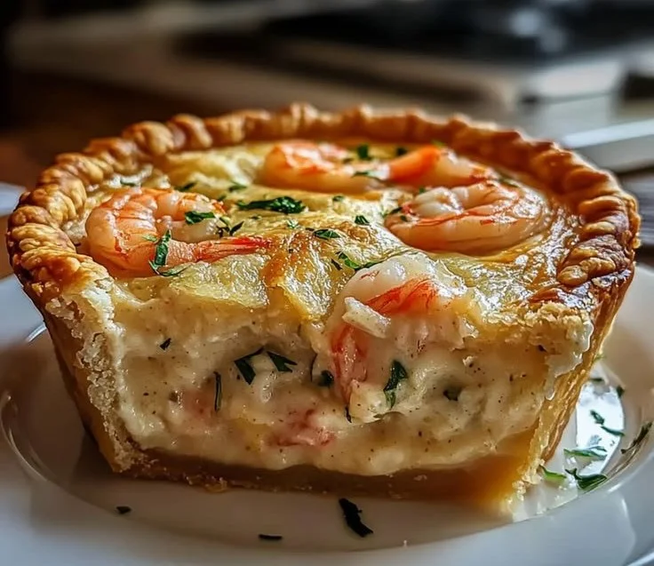 Delicious Florida shrimp pie topped with fresh shrimp and herbs