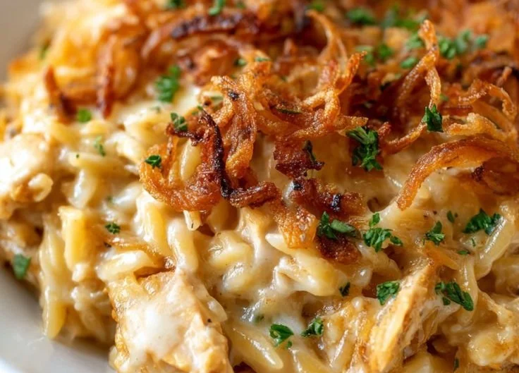 French Onion Chicken Orzo Casserole