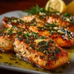 Delicious garlic butter baked salmon garnished with herbs