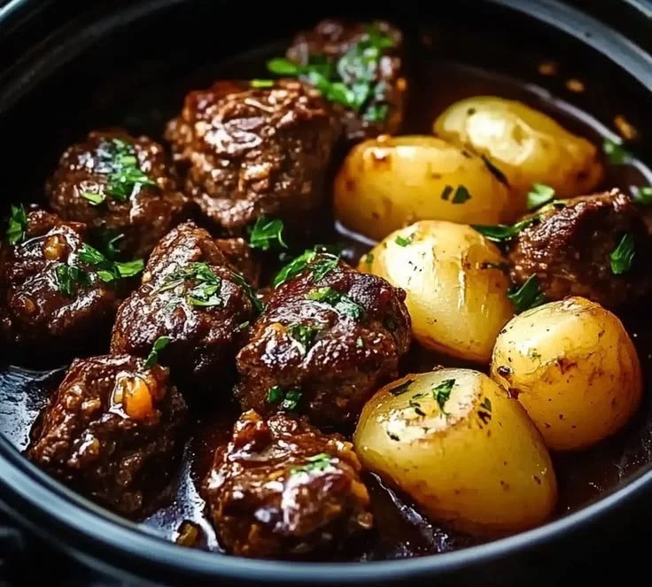 Plate of Garlic Butter Beef Bites served with golden-brown potatoes