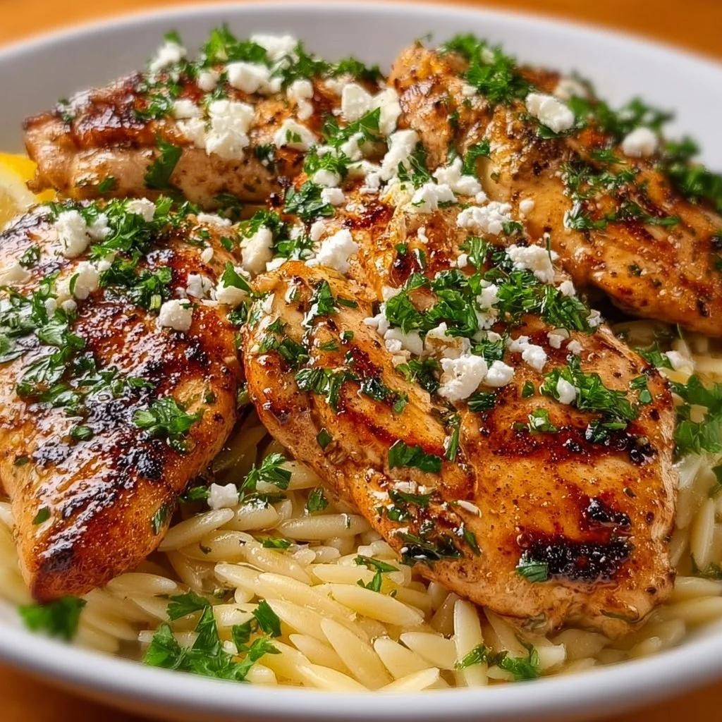 Greek Lemon Chicken and Orzo 3 Plate of Greek Lemon Chicken and Orzo garnished with parsley