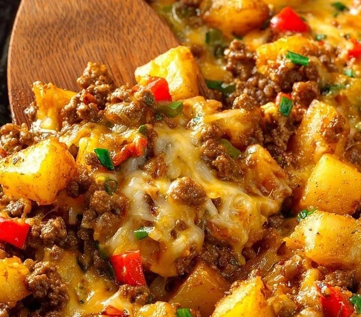 Delicious ground beef potato hash served in a skillet