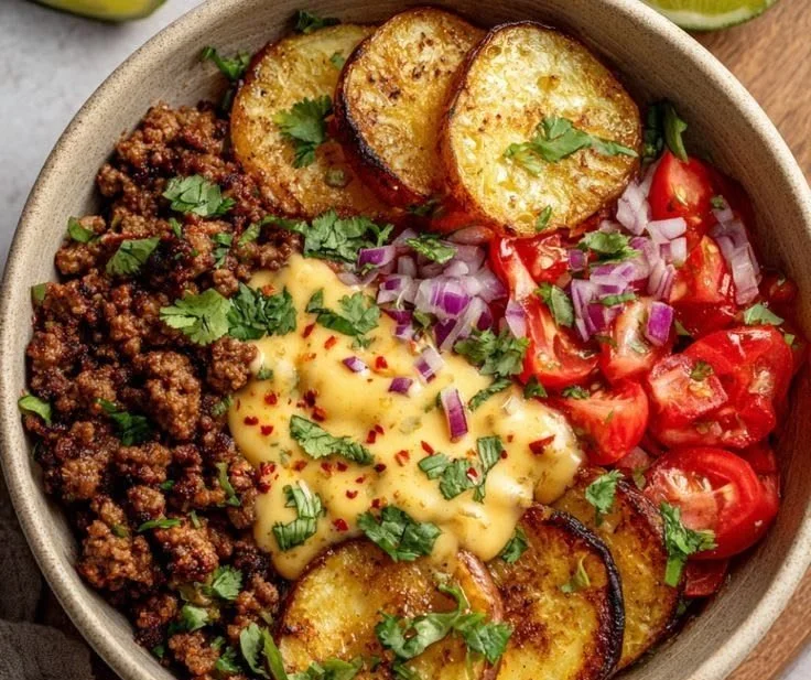 Ground Beef and Potato Taco Bowl with fresh toppings
