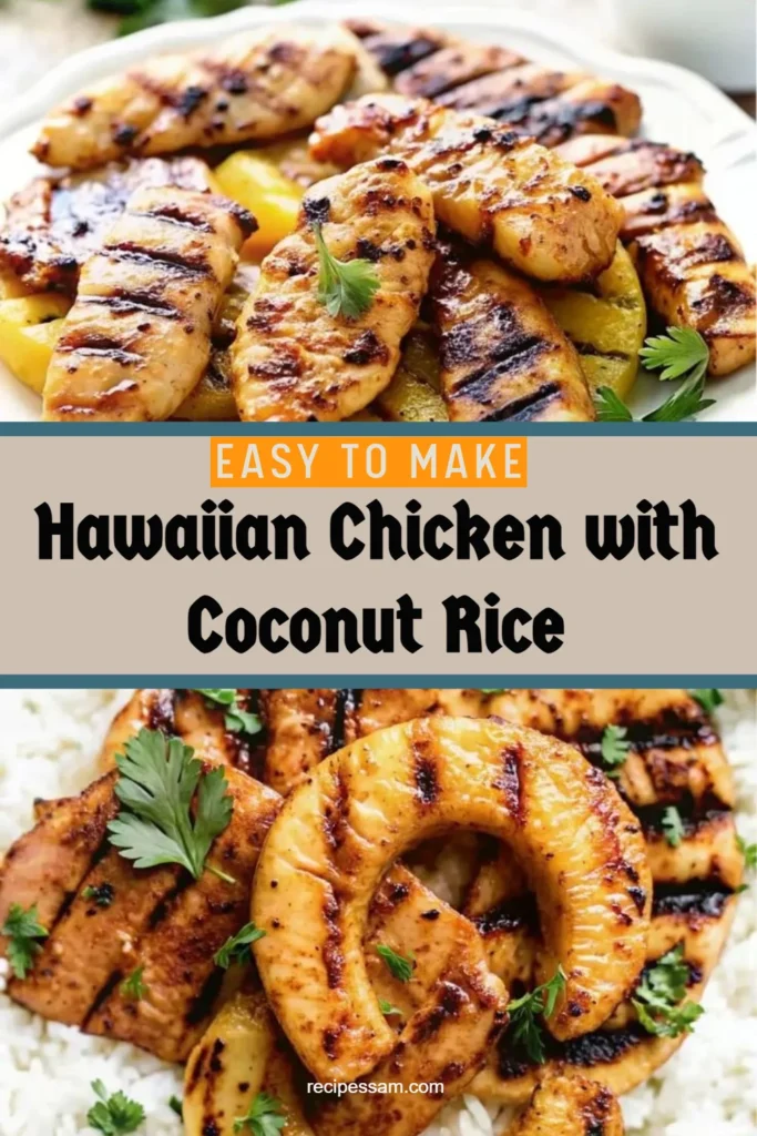 Hawaiian Chicken served with creamy Coconut Rice on a plate