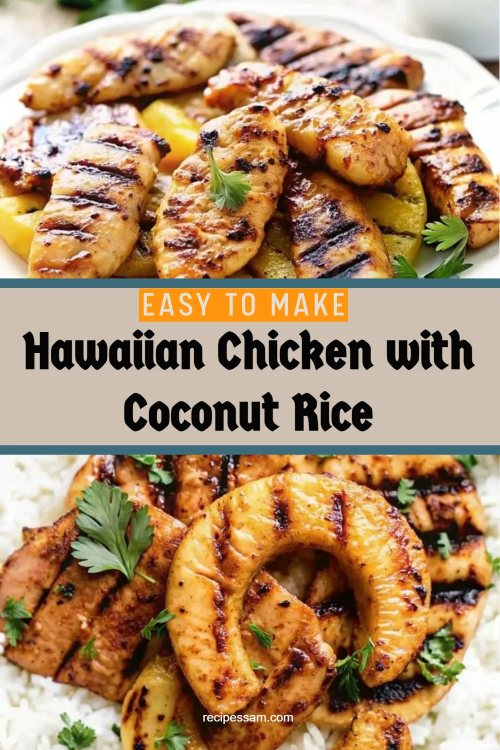 Hawaiian Chicken with Coconut Rice 3 Hawaiian Chicken served with creamy Coconut Rice on a plate