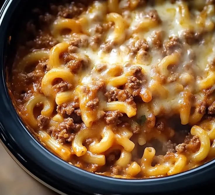 Delicious homemade crockpot ground beef pasta served in a bowl with cheese
