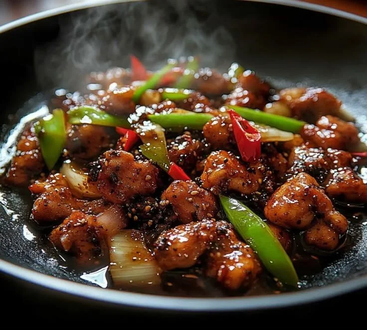 Plate of delicious black pepper chicken garnished with herbs and spices