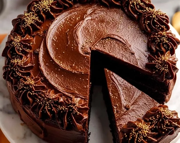 Layered Chocolate Espresso Guinness Cake topped with rich chocolate frosting