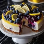 Delicious slice of Lemon Blueberry Cheesecake with blueberries on top.