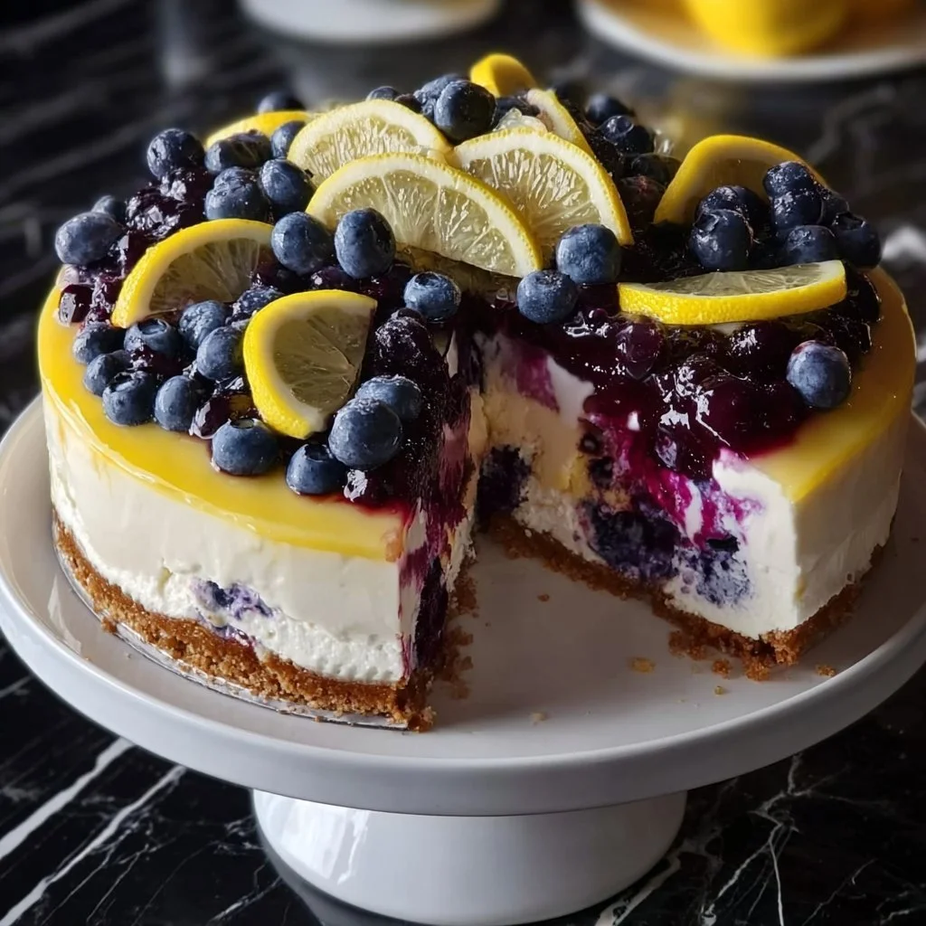 Lemon Blueberry Cheesecake 3 Delicious slice of Lemon Blueberry Cheesecake with blueberries on top.