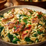 Delicious Lemon Chicken Orzo served in a bowl with fresh herbs and lemon slices.