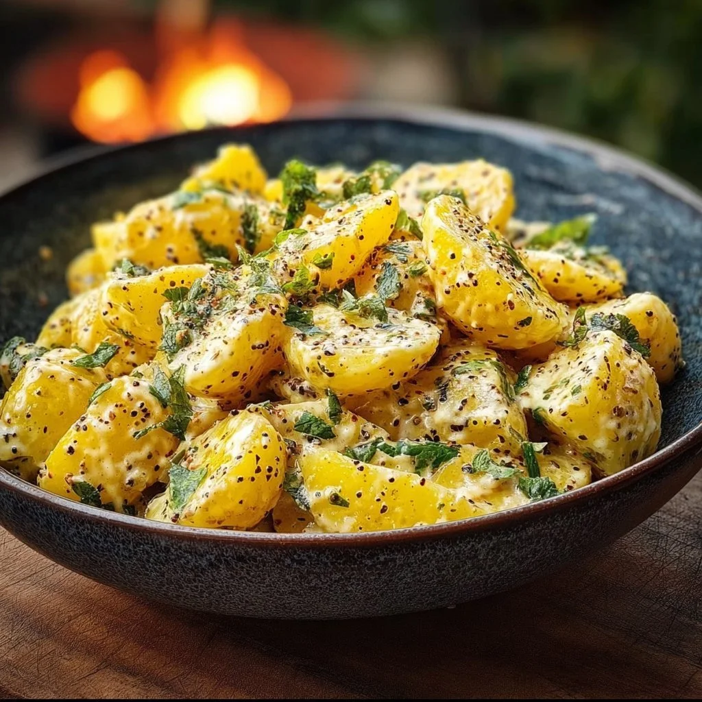 Bowl of mustard potato salad with potatoes, mustard dressing, and herbs