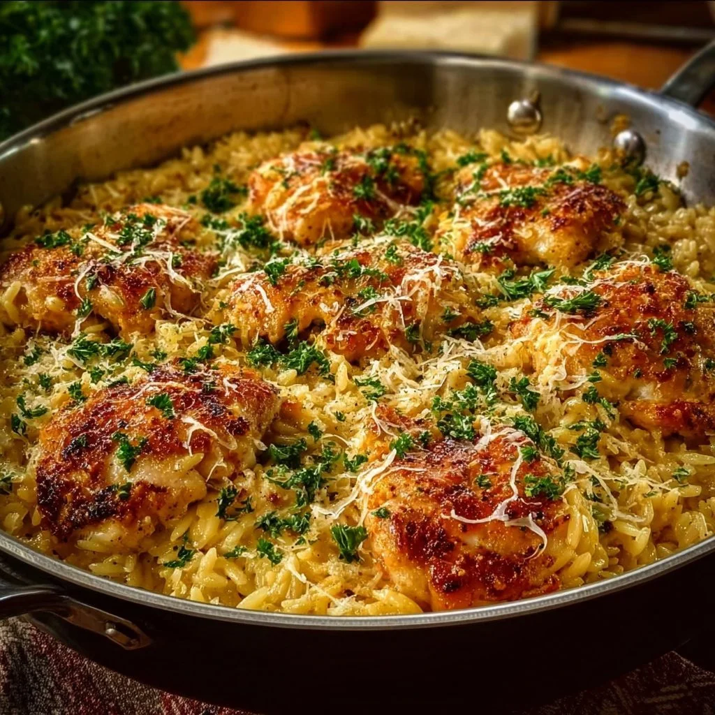 One Pan Orzo Chicken Bake with vegetables and seasonings in a baking dish